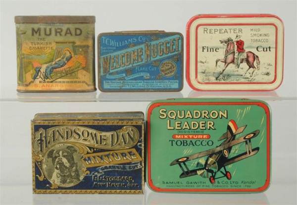 LOT OF 5: SMALL TOBACCO TINS.                     
