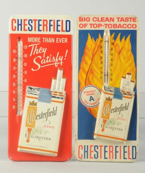 LOT OF 2: TIN CHESTERFIELD THERMOMETERS.          