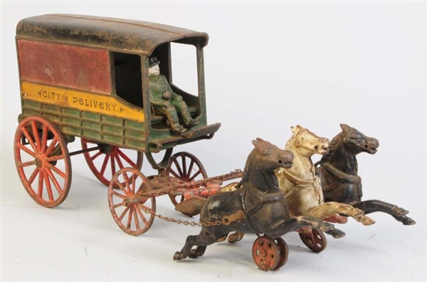 CAST IRON HARRIS HORSE DRAWN CITY DELIVERY WAGON. 