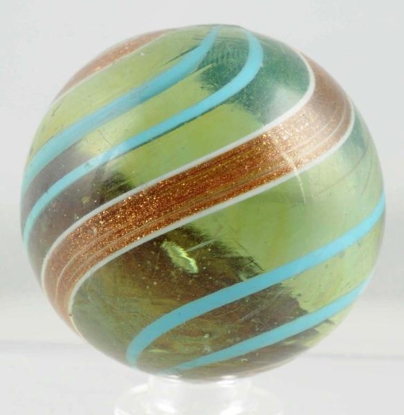 LARGE GREEN GLASS BANDED LUTZ MARBLE.             