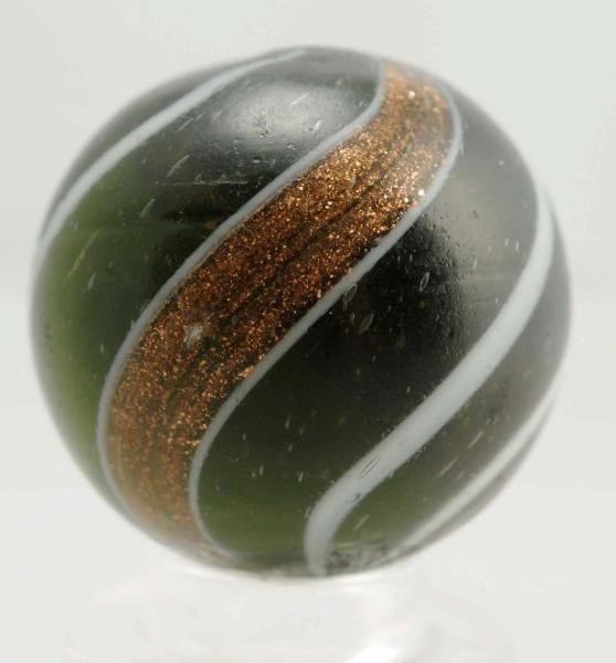 DARK GREEN GLASS BANDED LUTZ MARBLE.              