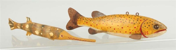 LOT OF 2: WOODEN FISH DECOYS.                     