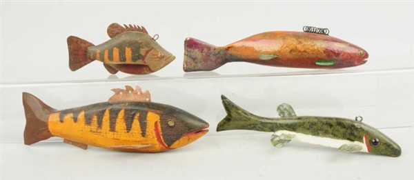LOT OF 4: WOODEN FISH DECOYS.                     