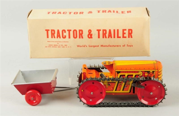 TIN LITHO MARX WIND-UP TRACTOR & TRAILER.         