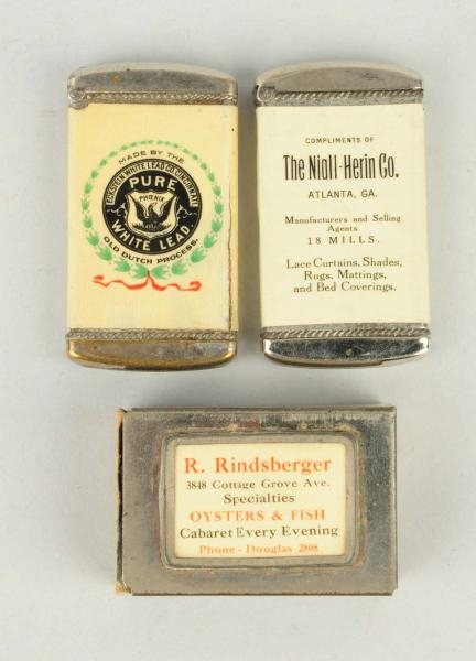 LOT OF 3: CELLULOID ADVERTISING MATCH SAFES.      