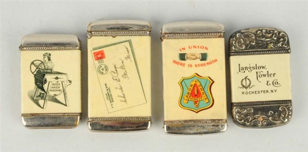 LOT OF 4: CELLULOID ADVERTISING MATCH SAFES.      