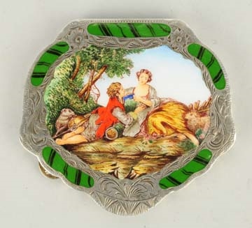 HAND PAINTED ENAMEL POWDER BOX WITH MIRROR.       