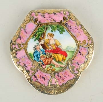 HAND PAINTED ENAMEL POWDER BOX WITH MIRROR.       