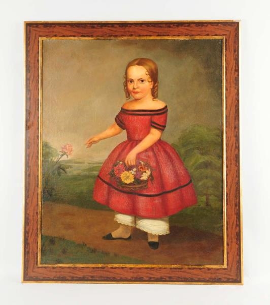 FOLK ART PAINTING OF A GIRL IN A RED DRESS.       
