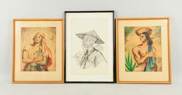 LOT OF 3: WATER COLOR PAINTINGS & A PRINT.        