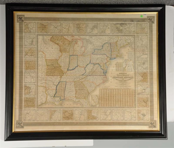 LARGE FRAMED 1843 MAP OF EASTERN USA.             