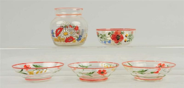 LOT OF 5: CZECH PAINTED GLASS PIECES.             