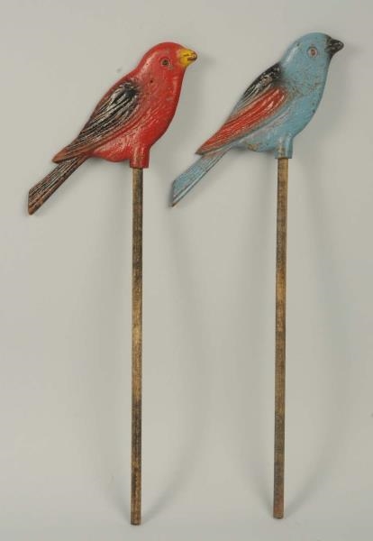 2 CAST IRON SONG BIRD PLANT STAKES ORNAMENTS.     