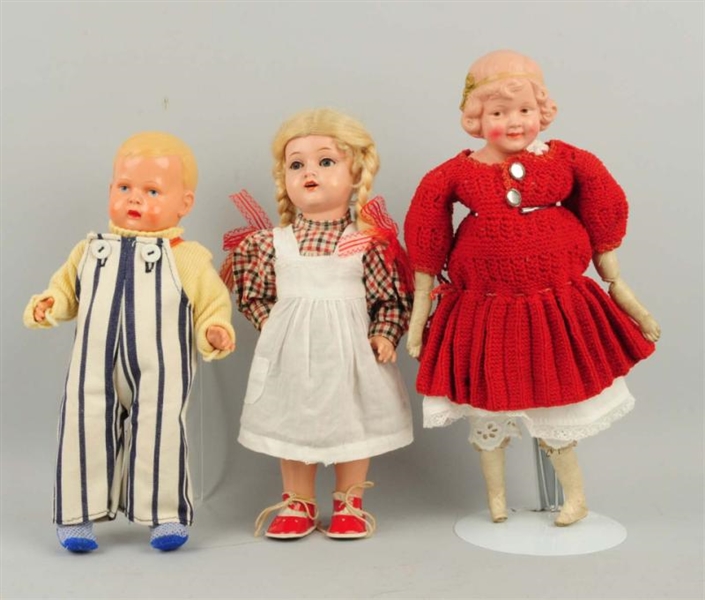 LOT OF 3: GERMAN CELLULOID CHARACTER DOLLS.       