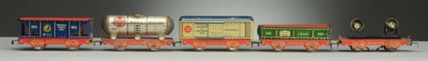 LOT OF 5: RED & WHITE LITHO FREIGHT CARS & LIGHT. 