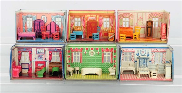 SIX SMALL TIN TOY  ROOM W/ ACCESSORIES.           