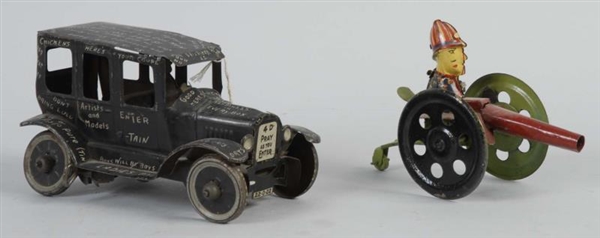 MARX TIN LIZZIE CAR & TIN SOLDIER WITH CANNON.    
