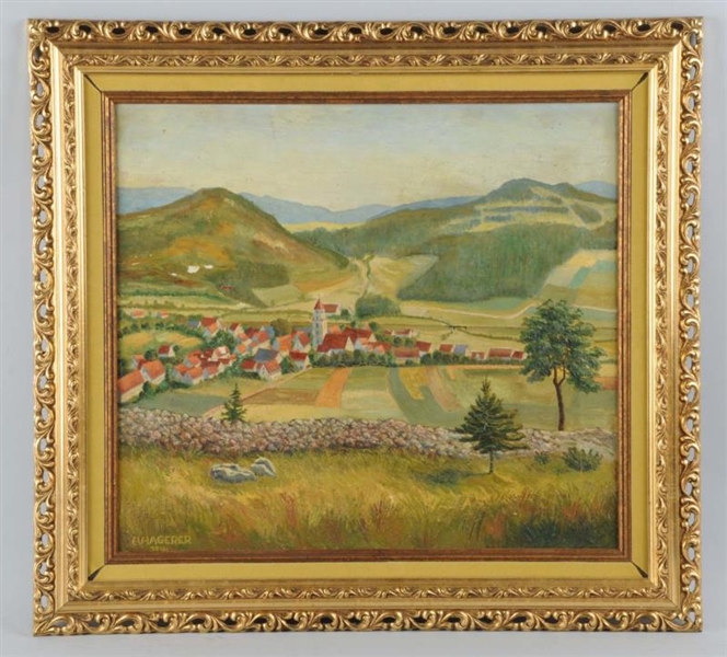 OIL ON CANVAS VILLAGE SCENE BY AA AGERER.         