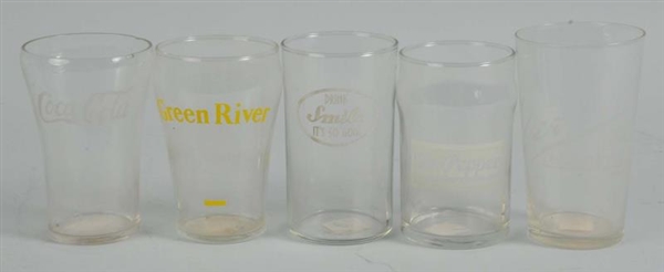 LOT OF 5: ASSORTED 1920S-1940S SODA GLASSES.      
