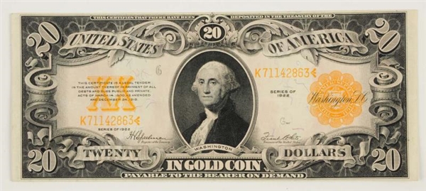 $20 1922 GOLD CERTIFICATE LARGE NOTE.             