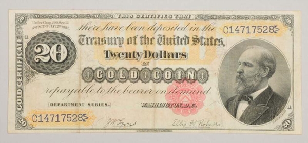 $20 1882 GOLD CERTIFICATE WITH SMALL RED SEAL.    