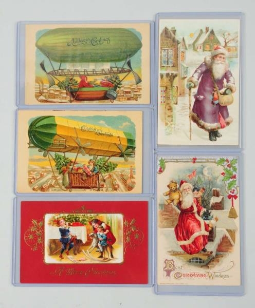 LOT OF 5: HOLD-TO-LIGHT & OTHER SANTA POSTCARDS.  