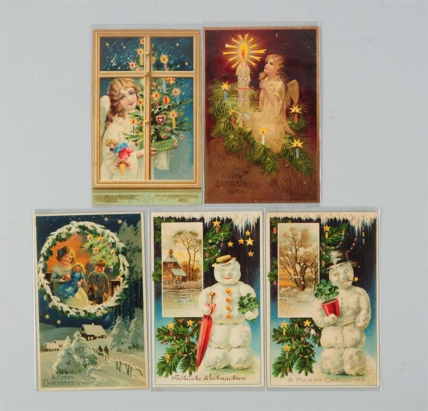 LOT OF 5: CHRISTMAS HOLD-TO-LIGHT POSTCARDS.      