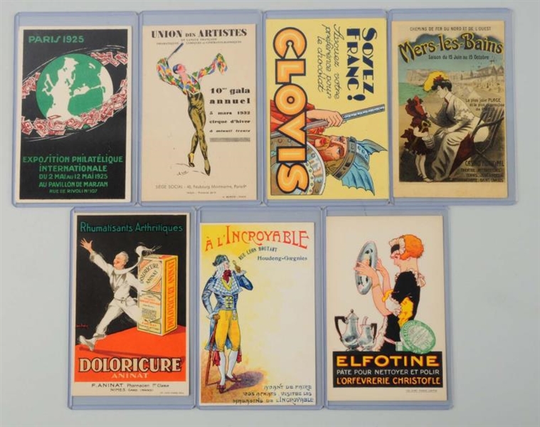 LOT OF 7: FRENCH ADVERTISING & POSTER POSTCARDS.  