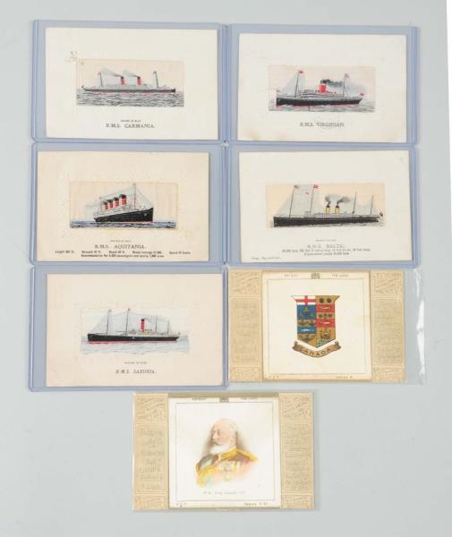 LOT OF 7: WOVEN SILK PATCH SHIP POSTCARDS.        