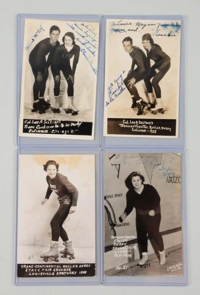 LOT OF 4: ROLLER DERBY REAL PHOTO POSTCARDS.      