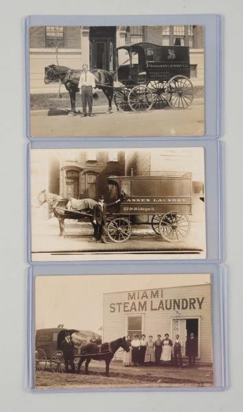 LOT OF 3: LAUNDRY WAGON REAL PHOTO POSTCARDS.     