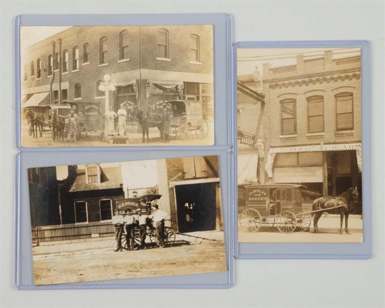 LOT OF 3: BAKERY WAGON REAL PHOTO POSTCARDS.      
