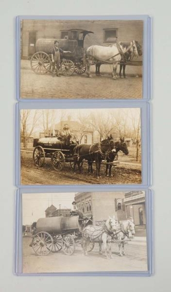LOT OF 3: OIL WAGON REAL PHOTO POSTCARDS.         