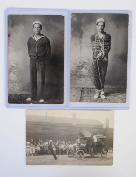 LOT OF 3: ESCAPE ARTIST REAL PHOTO POSTCARDS.     