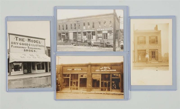 LOT OF 4: STORE FRONT REAL PHOTO POSTCARDS.       