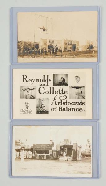LOT OF 3: SIDESHOW & CARNIVAL PHOTO POSTCARDS.    
