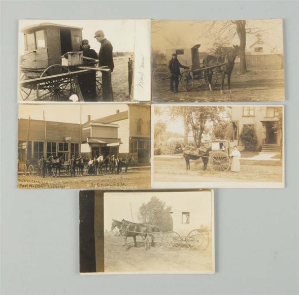 LOT OF 5: MAIL WAGON REAL PHOTO POSTCARDS.        