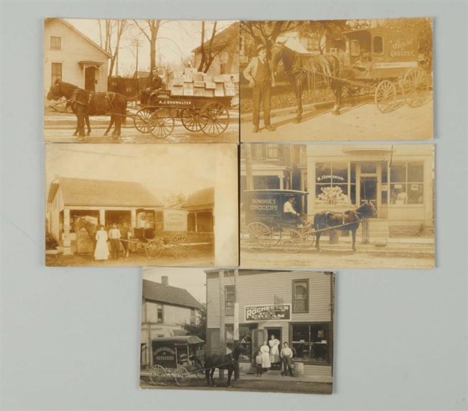 LOT OF 5: GROCERY WAGON REAL PHOTO POSTCARDS.     