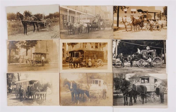LOT OF 9: HORSE DRAWN VEHICLES PHOTO POSTCARDS.   
