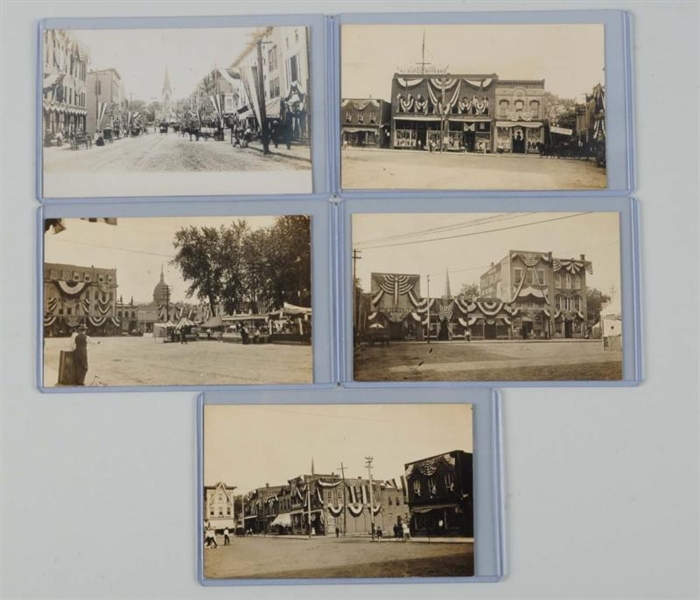 LOT OF 5: DECORATED BUILDINGS PHOTO POSTCARDS.    