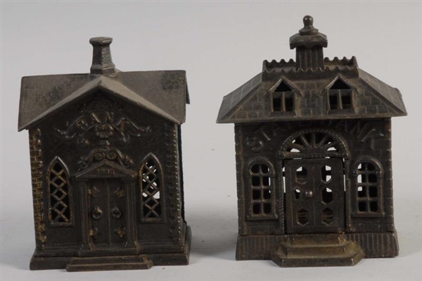 LOT OF 2: CAST IRON BUILDING BANKS.               