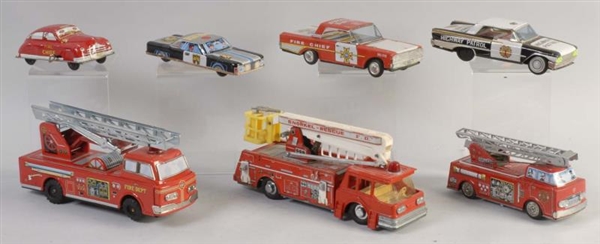 LOT OF 7: TIN LITHO FIRE TOY VEHICLES.            