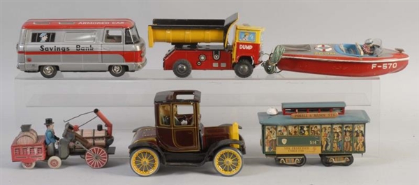 LOT OF 6: TIN TOY VEHICLES.                       