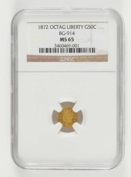 1872 OCTAG LIBERTY GOLD 50¢ COIN.                 