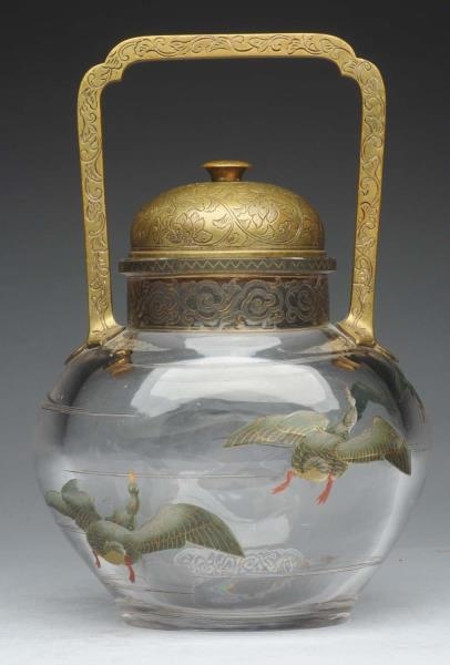 ART GLASS COVERED JAR WITH BRONZE HANDLE & LID.   