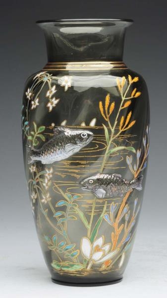 ART GLASS VASE WITH APPLIED FISH.                 