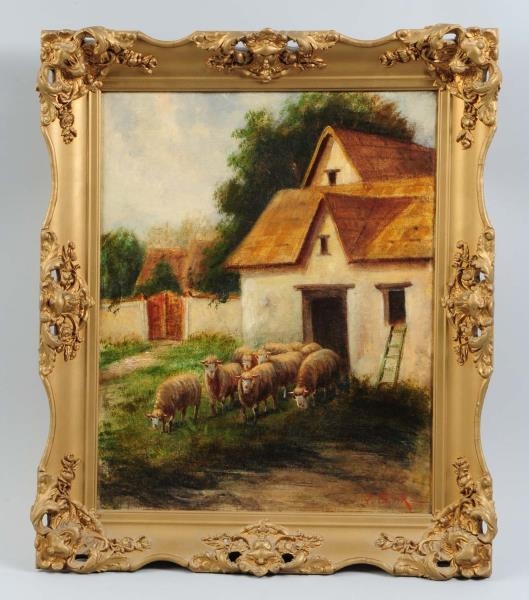 PAINTING OF SHEEP IN A BARNYARD.                  