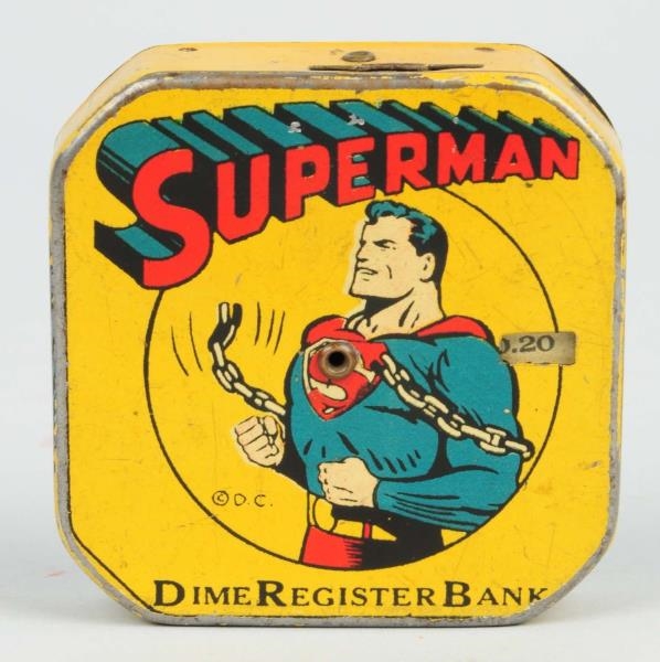 CIRCA 1940 SUPERMAN TIN REGISTERING BANK.         