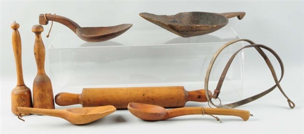 LOT OF 7: EARLY WOODEN UTENSILS.                  