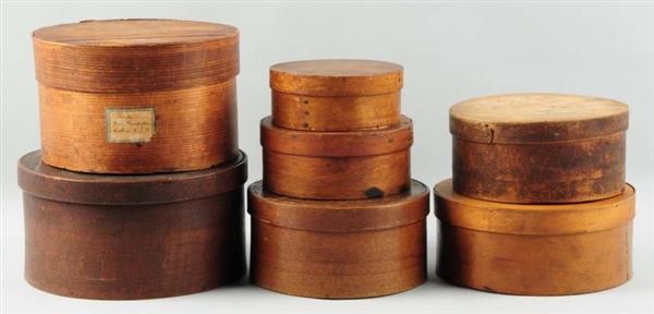 LOT OF 7: ROUND BENT WOOD BOXES.                  